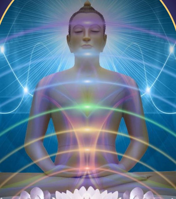 Meditating figure surrounded by soft bands of light